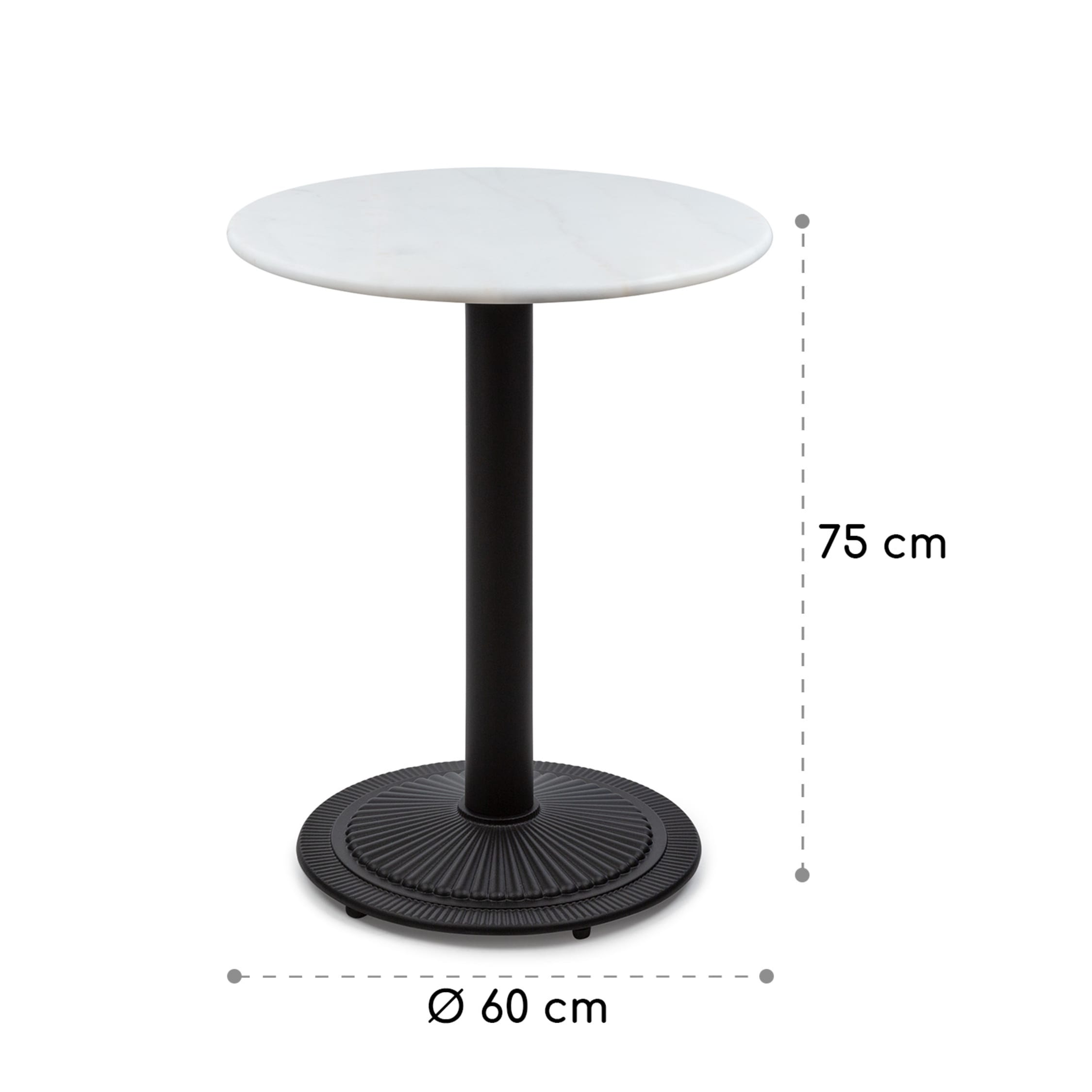 Patras Pearl Bistro Table Art Nouveau Garden Table Indoor and Outdoor Polished Marble Table Top Diameter 60 cm Height 75 cm Cast Iron Pedestal Unique Natural Stone Weather Resistant Black White Marble