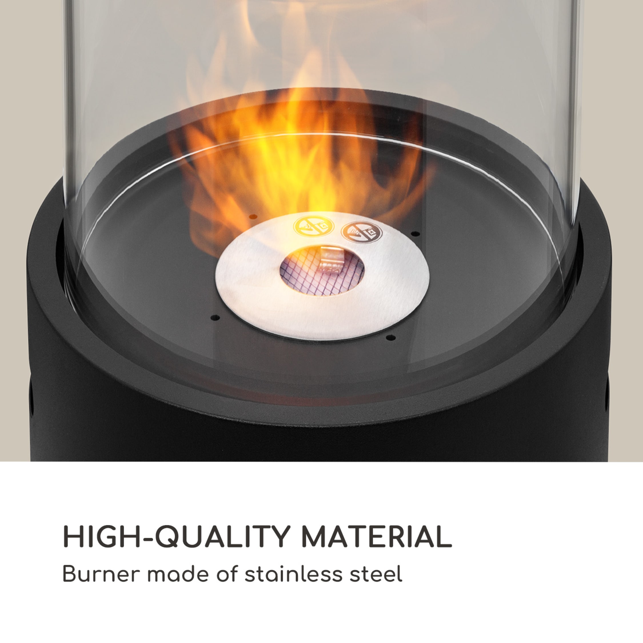 Fiamme Tamburo bio-ethanol haard vuurhaard | branduur: 4-5 uur | voor  binnen en buiten | inhoud: 0,8 liter | gehard glas | behuizing: plaatstaal  | rvs brander | regenhoes | 34 x 90 cm (ØxH) | incl. bl Zwart