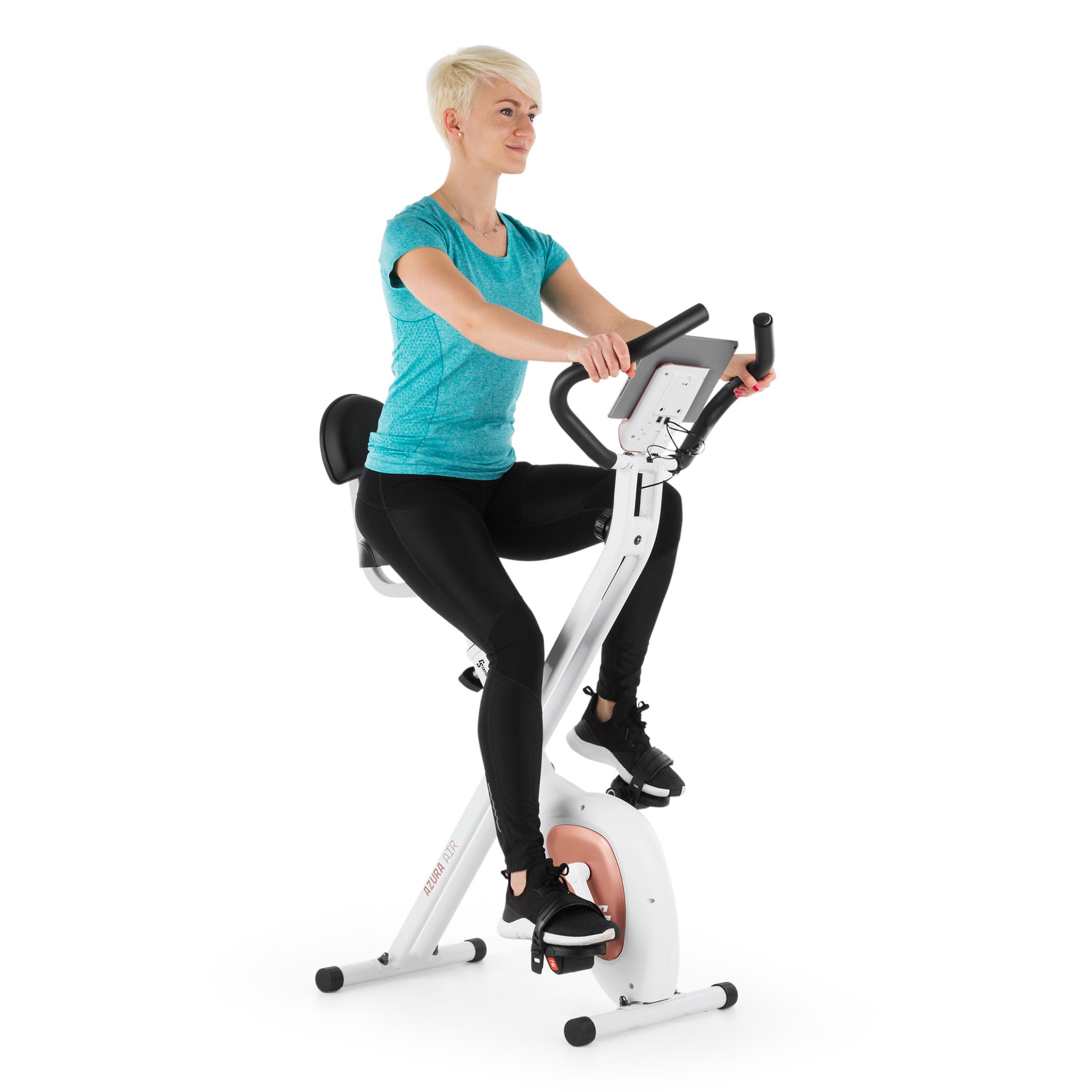 Azura Air home trainer X bike belt drive magnetic resistance 8 levels heart rate monitor training computer LC display flywheel mass 8 kg particularly light large saddle backrest Rosegold