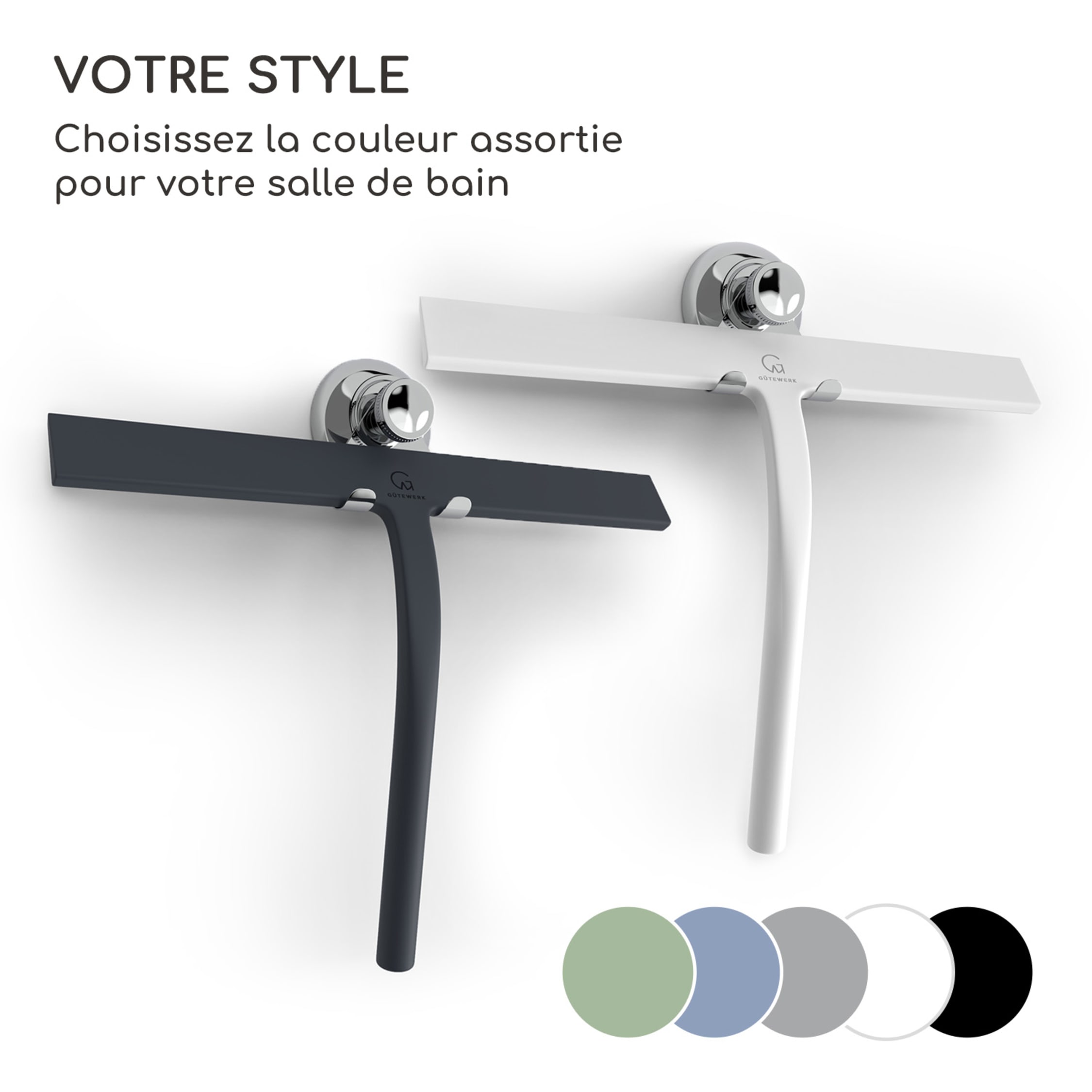 Raclette De Douche En Silicone 23 Cm - Lame Silicone Alimentaire, Manche Acier Inoxydable Blanc, Crochet Inclus, Pour Vitres, Miroirs