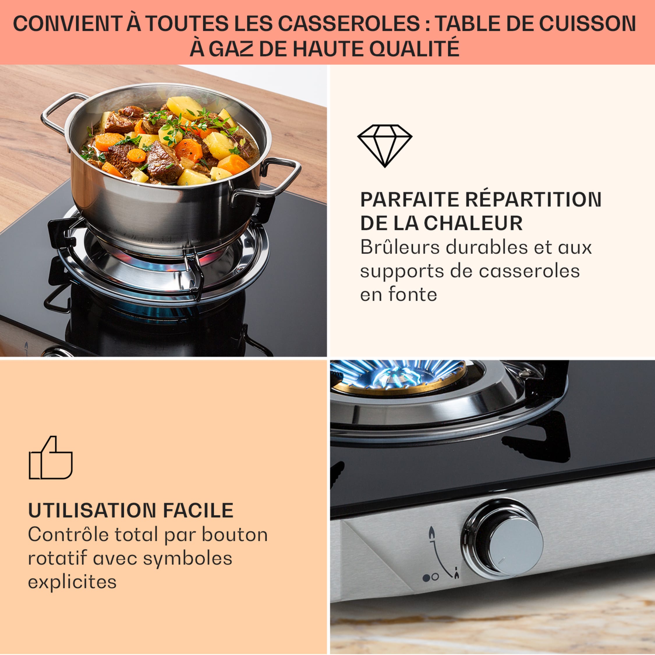 Cuisinière à Gaz 5 Feux Autonome - Support Antidérapant Et Couvercle - Pour Camping, Voyage