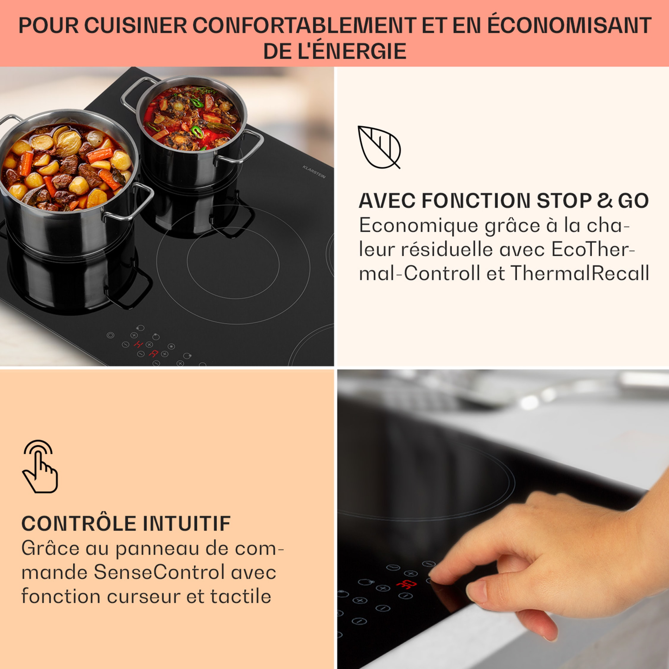 Table Cuisson Klarstein Virtuosa 3 Slim - 3 Foyers 5000W | Vitrocéramique 45cm | Minuterie, Verrouillage Enfant