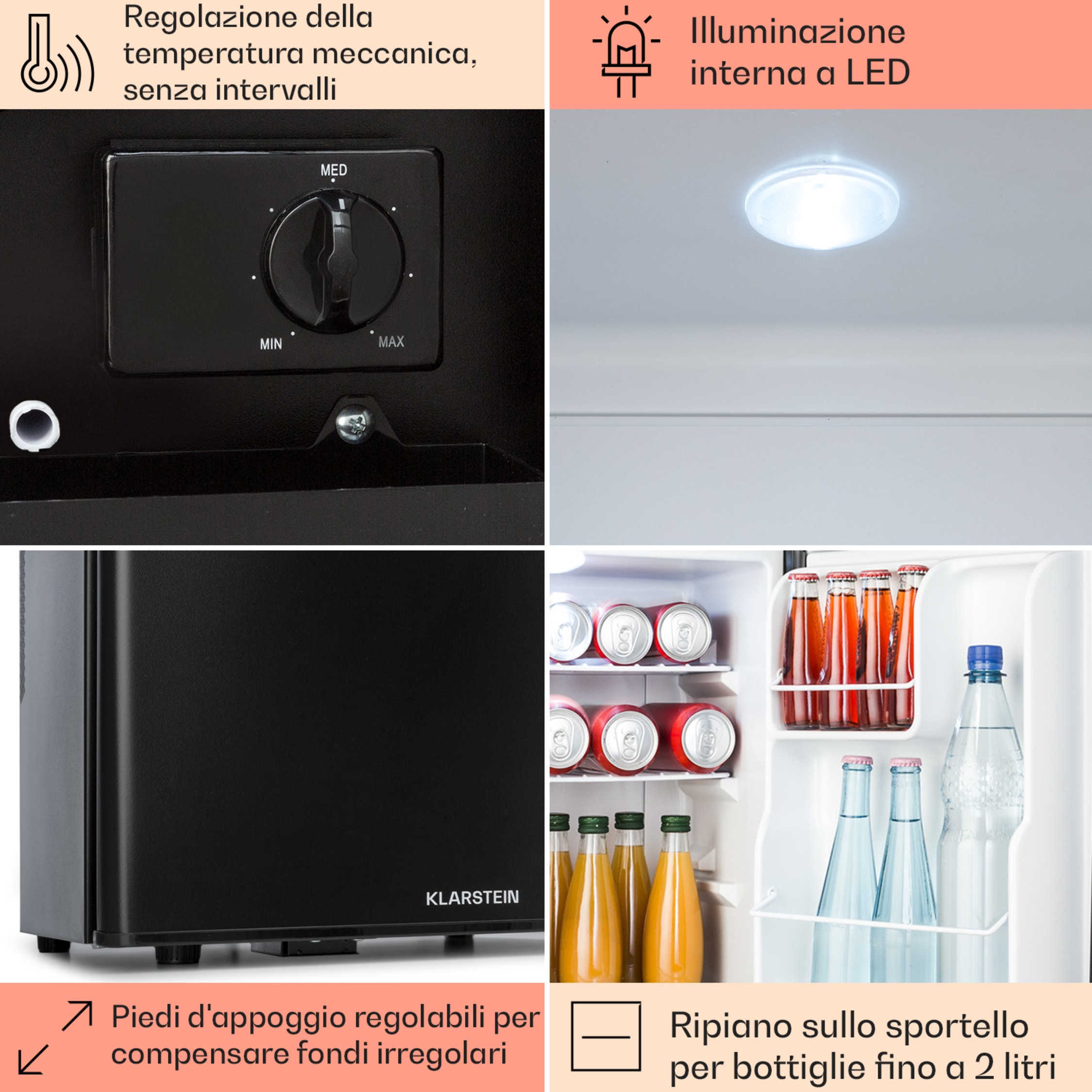Minibar Klarstein Frosty - Frigo Compatto 10L, Raffreddamento Termoelettrico, Nero, 33dB Silenzioso