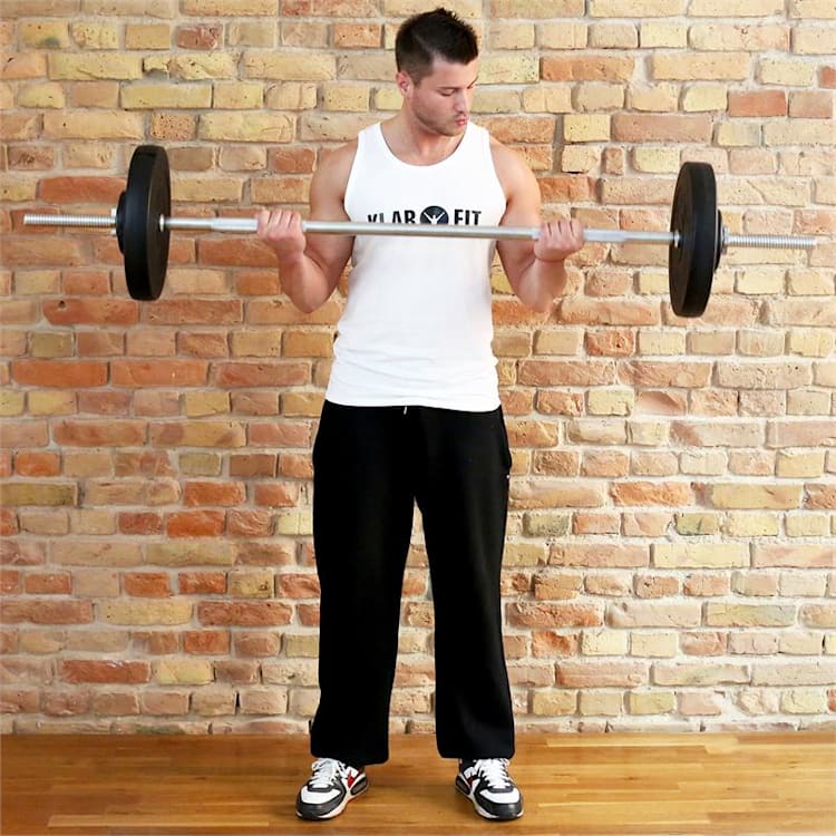 Obouruční činka Klarfit 58,5 kg, cvičení na tréninkové lavič