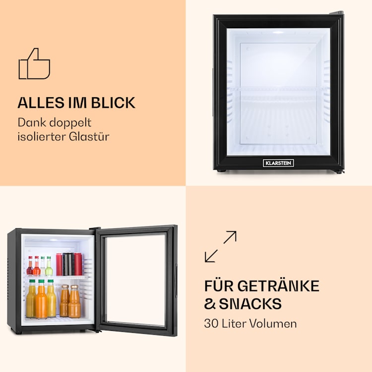 MKS-13 Minibar Mini-Kühlschrank 3 Temperatur-Stufen Volumen: 30L 23 dB Glastür schwarz