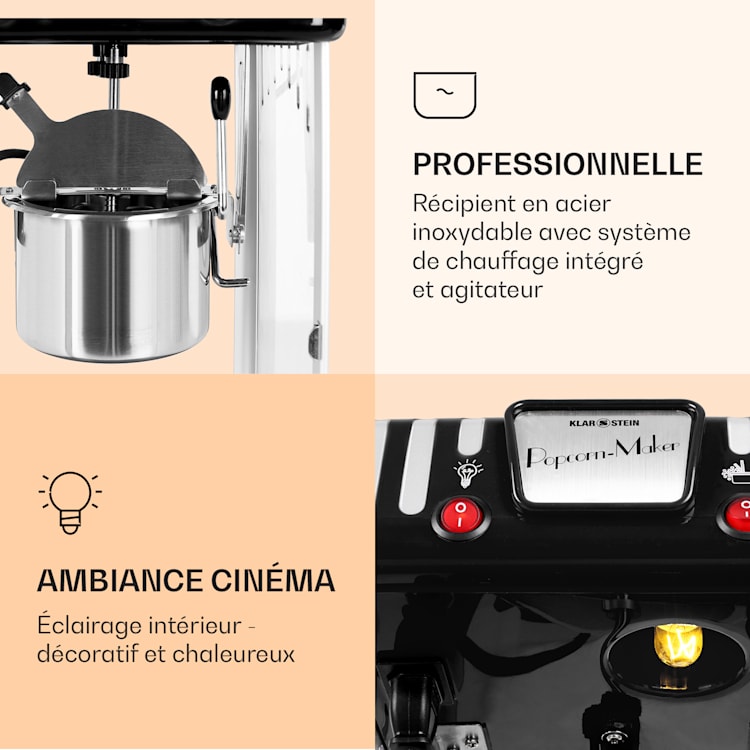 Volcano Machine à popcorn 300W Agitateur Pot en acier inoxydable Noir
