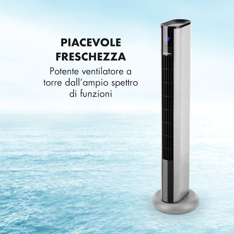Skyscraper 3G ventilatore a torre, 48W, portata d'aria da 1.633 m³/h, telecomando Argento