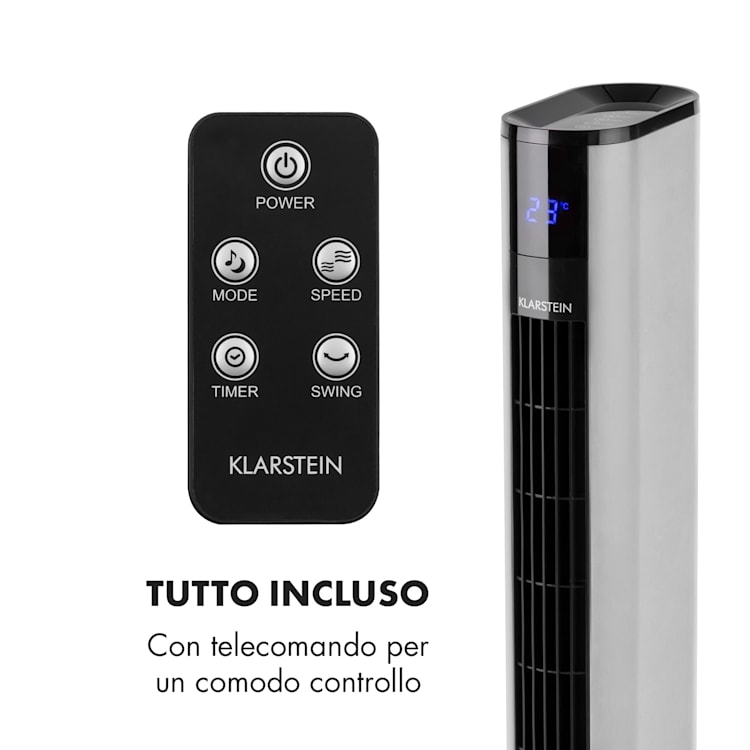 Skyscraper 3G ventilatore a torre, 48W, portata d'aria da 1.633 m³/h, telecomando Argento