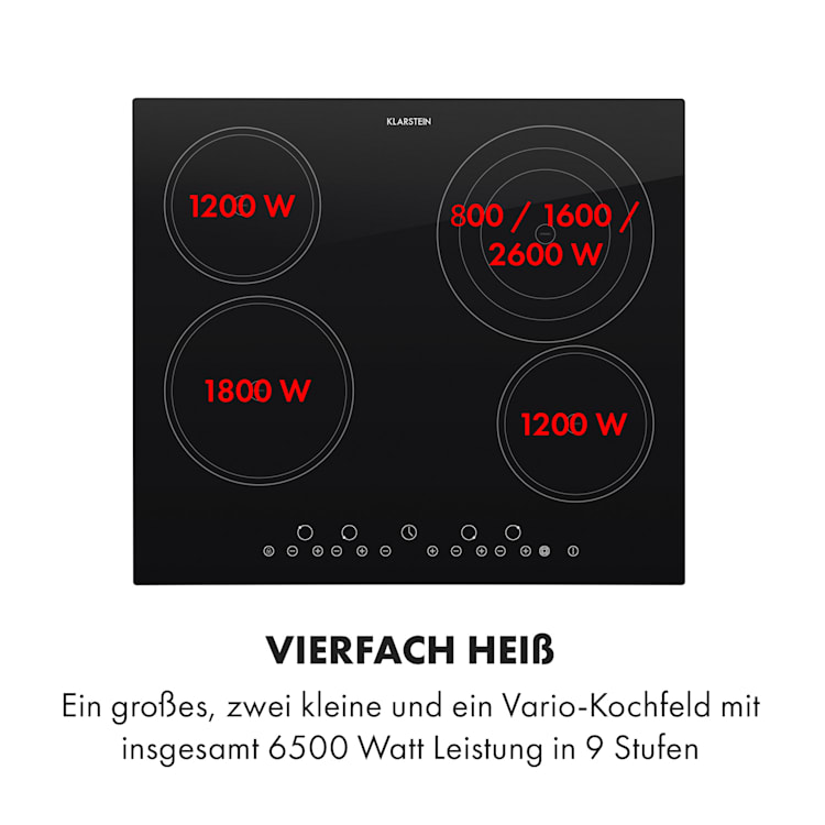 Virtuosa Keramikkochfeld Einbauherd 6500W 59x52cm 4 Zonen Glaskeramik