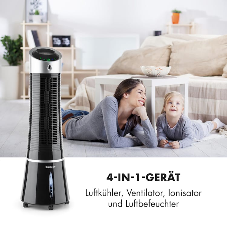 Skyscraper Ice 4-in-1 Luftkühler Ventilator 210 m³/h 30 W Oszillation mobil Fernbedienung Ice | Schwarz / Silber-Metallic