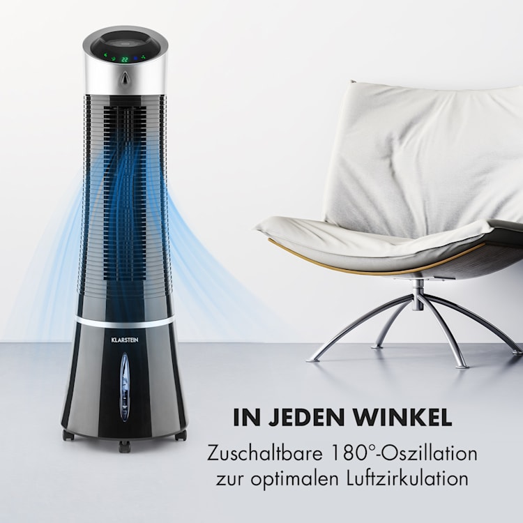 Skyscraper Ice 4-in-1 Luftkühler Ventilator 210 m³/h 30 W Oszillation mobil Fernbedienung Ice | Schwarz / Silber-Metallic