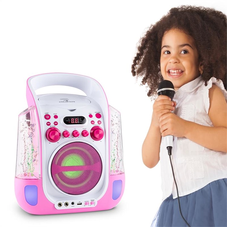 Kara Liquida, karaoke systém, CD, USB , MP3, fontána, LED, 2 x mikrofón, prenosný Ružová