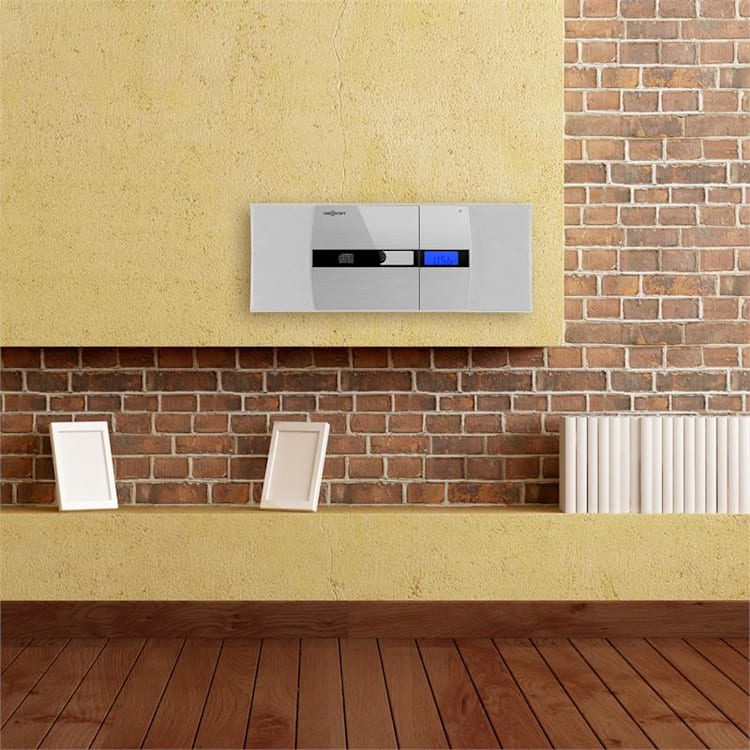 V-15 Equipo de sonido Estéreo CD USB MP3 FM AUX Montaje en Pared Reloj despertador Plata Blanco