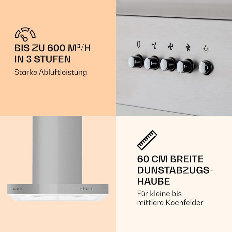 Zarah Dunstabzugshaube Edelstahl 60cm Wandanbau 600 m³/h LED