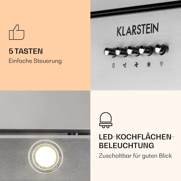 Klarstein Zola 90 Dunstabzugshaube 210 W 607m³/h 2-teiliger Kamin 304er Edelstahl 90 cm | Silber