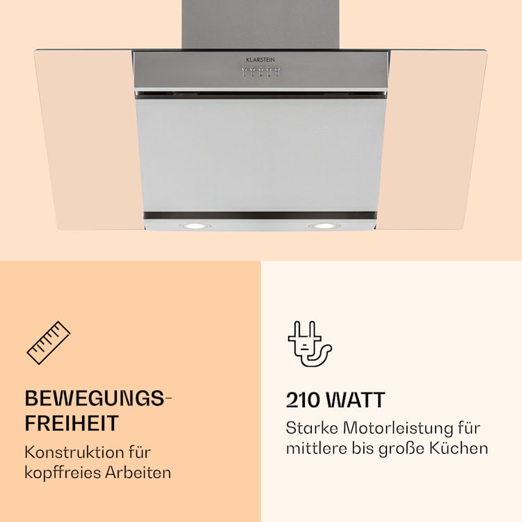 Klarstein Zola 90 Dunstabzugshaube 210 W 607m³/h 2-teiliger Kamin 304er Edelstahl 90 cm | Silber