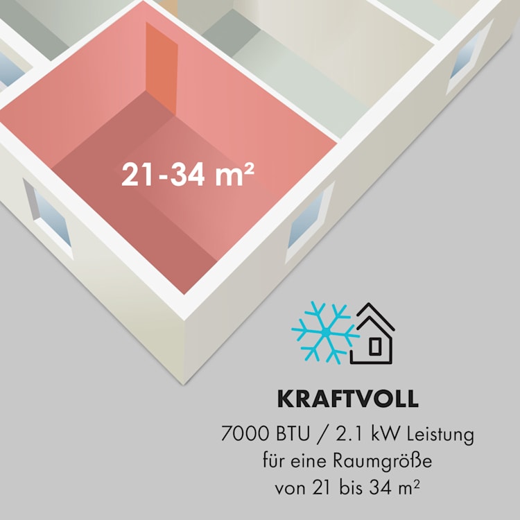 New Breeze 7 mobile Klimaanlage 7000BTU 2,1kW bis 34m² EEC A mobil Fernbedienung Weiß / silber