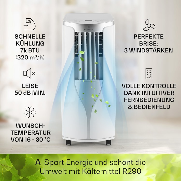 New Breeze 7 mobile Klimaanlage 7000BTU 2,1kW 34m² mobil Fernbedienung 7.000 BTU | Weiß / Silber-Metallic