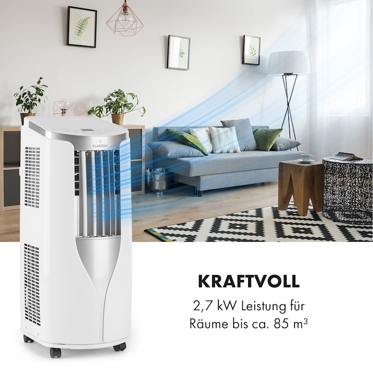 New Breeze 9 mobile Klimaanlage 4-in-1 9.000 BTU / 2,6 kW EEK A Bodenrollen Timer-Funktion Weiß / silber