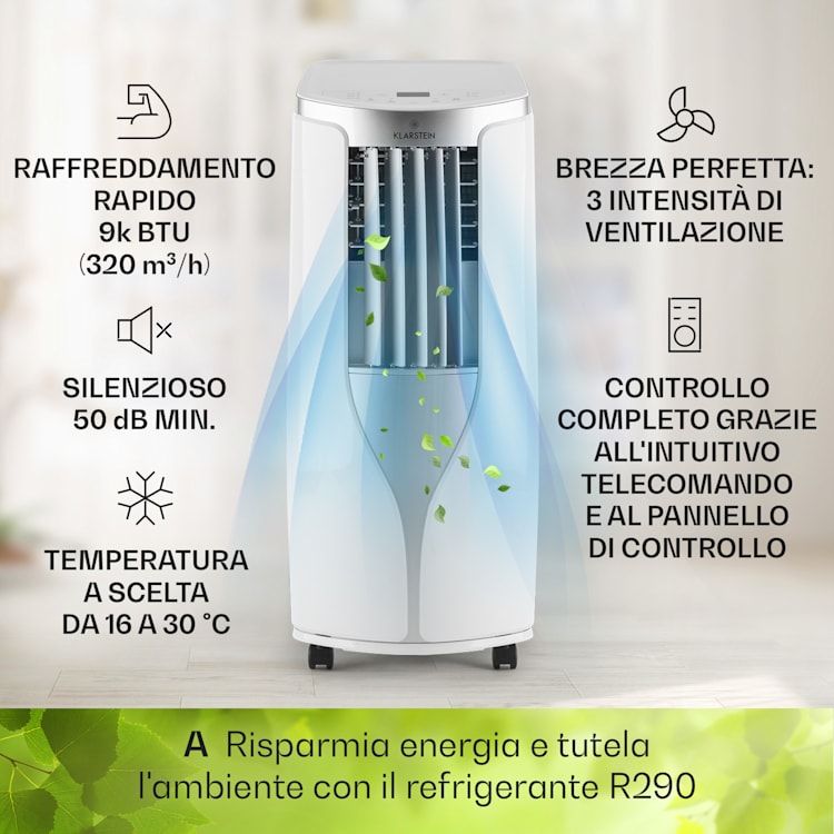 New Breeze 9 climatizzatore portatile 4 in 1, 9.000 BTU / 2,6 kW, CEE A, ruote, funzione timer 9.000 BTU | Bianco / Argento metallizzato