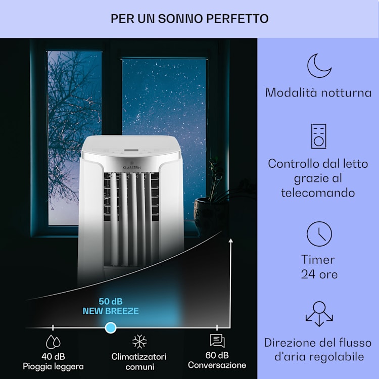 New Breeze 9 climatizzatore portatile 4 in 1, 9.000 BTU / 2,6 kW, CEE A, ruote, funzione timer 9.000 BTU | Bianco / Argento metallizzato