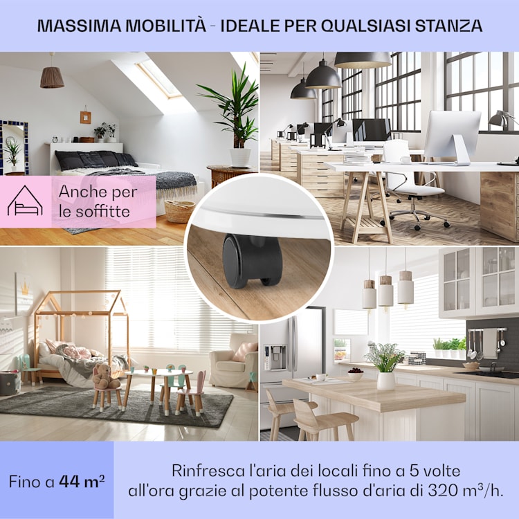 New Breeze 9 climatizzatore portatile 4 in 1, 9.000 BTU / 2,6 kW, CEE A, ruote, funzione timer 9.000 BTU | Bianco / Argento metallizzato