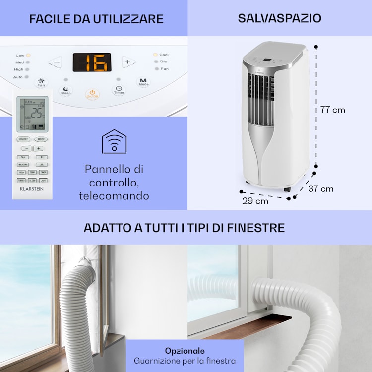 New Breeze 9 climatizzatore portatile 4 in 1, 9.000 BTU / 2,6 kW, CEE A, ruote, funzione timer 9.000 BTU | Bianco / Argento metallizzato