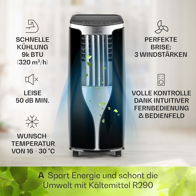 New Breeze 9 mobile Klimaanlage 9000 BTU / 2,6 kW Timer 9.000 BTU | Schwarz / Silber-Metallic