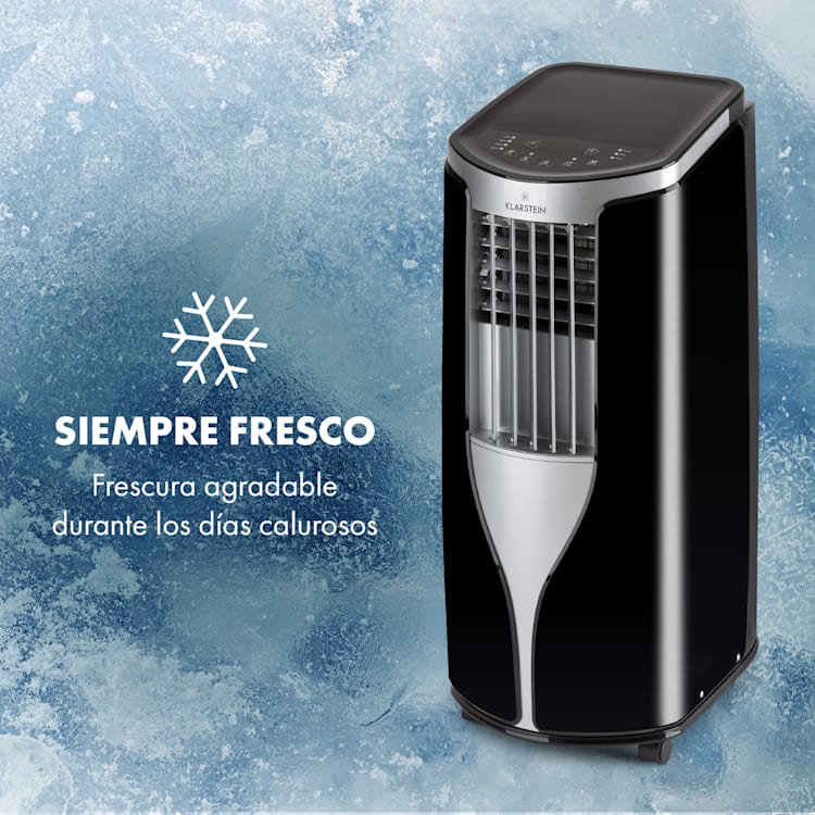 New Breeze 9 aire acondicionado portátil 4 en 1 9.000 BTU / 2,6 kW EEK A ruedas para el suelo función de temporizador Negro / plata