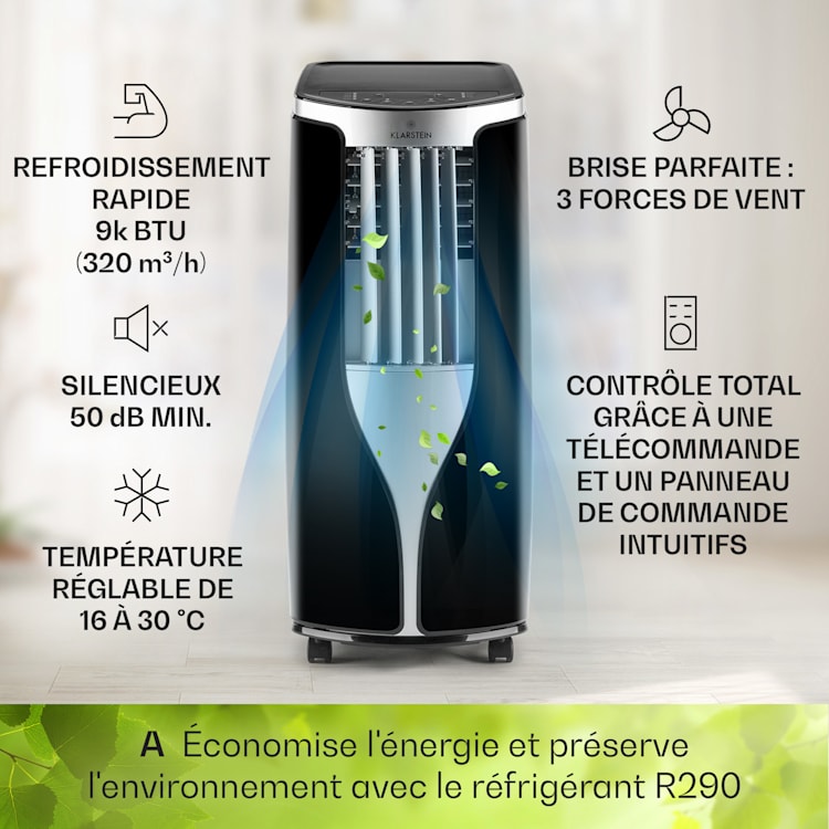 New Breeze 9 mobiele airco 4-in-1 9.000 BTU / 2,6 kW EEK A wieltjes timerfunctie 9.000 BTU | Zwart / Zilver Metallic