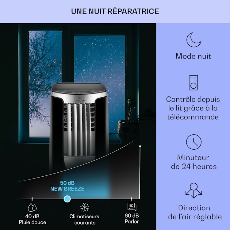 New Breeze 9 mobiele airco 4-in-1 9.000 BTU / 2,6 kW EEK A wieltjes timerfunctie 9.000 BTU | Zwart / Zilver Metallic