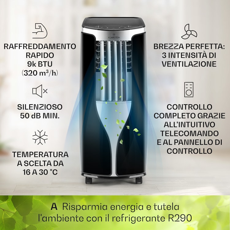 New Breeze 9 climatizzatore portatile 4 in 1, 9.000 BTU / 2,6 kW, CEE A, ruote, funzione timer nero