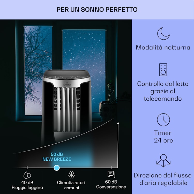 New Breeze 9 climatizzatore portatile 4 in 1, 9.000 BTU / 2,6 kW, CEE A, ruote, funzione timer nero