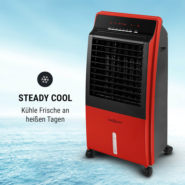 CTR-1 4-in-1 Luftkühler Ventilator Luftbefeuchter Luftreiniger 360 m³/h | 65 Watt | 8 Liter | 3 Geschwindigkeiten | Oszillation | Ionisator | Fernbedienung | mobil Rot