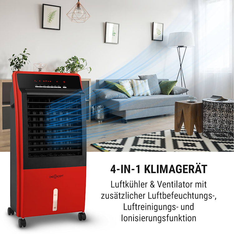CTR-1 4-in-1 Luftkühler Ventilator Luftbefeuchter Luftreiniger 360 m³/h | 65 Watt | 8 Liter | 3 Geschwindigkeiten | Oszillation | Ionisator | Fernbedienung | mobil Rot