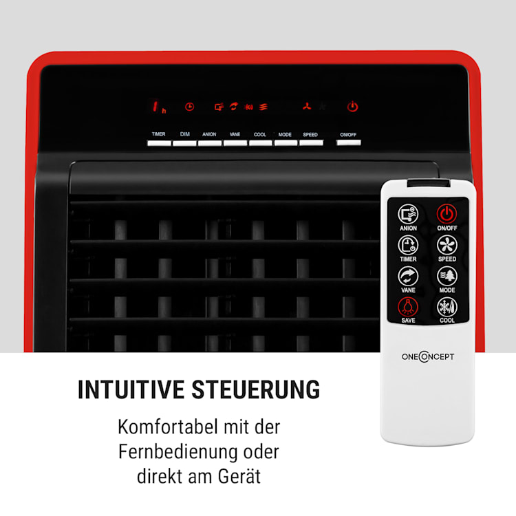 CTR-1 4-in-1 Luftkühler Ventilator Luftbefeuchter Luftreiniger 360 m³/h | 65 Watt | 8 Liter | 3 Geschwindigkeiten | Oszillation | Ionisator | Fernbedienung | mobil Rot