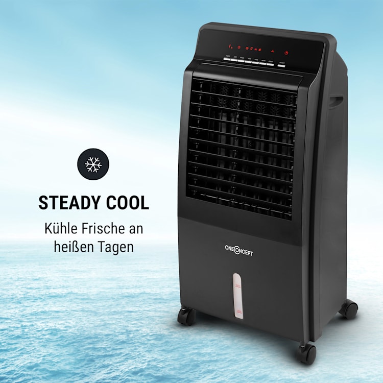 CTR-1 4-in-1 Luftkühler Ventilator Luftbefeuchter Luftreiniger 360 m³/h | 65 Watt | 8 Liter | 3 Geschwindigkeiten | Oszillation | Ionisator | Fernbedienung | mobil Schwarz