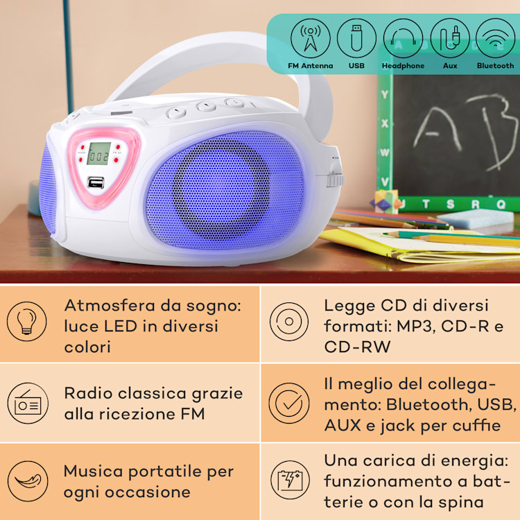 Roadie CD Boombox, radio FM, giochi di luci, lettore CD, Bluetooth 5.0 Bianco