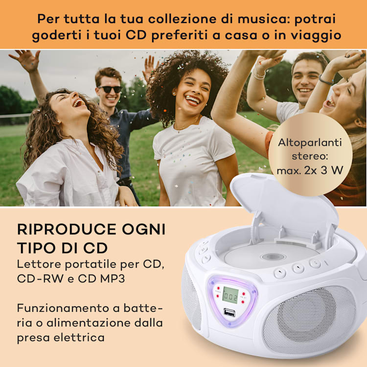 Roadie CD Boombox, radio FM, giochi di luci, lettore CD, Bluetooth 5.0 Bianco