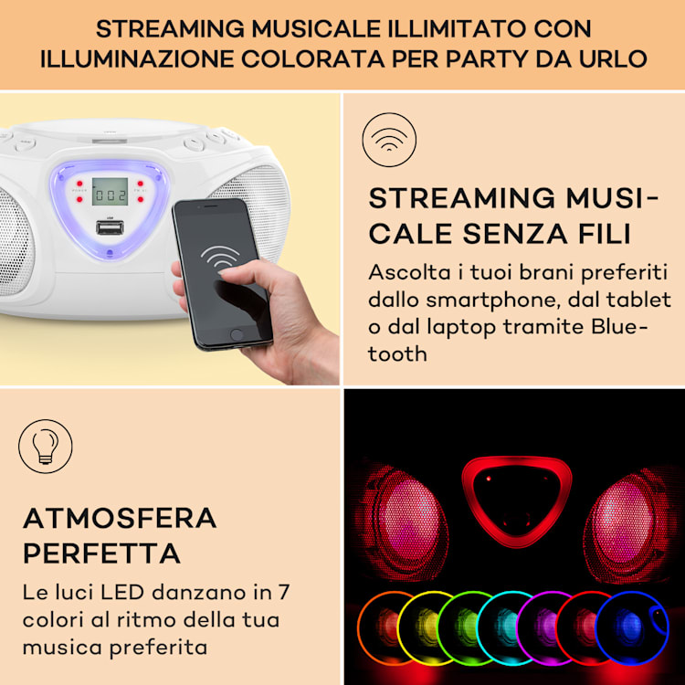Roadie CD Boombox, radio FM, giochi di luci, lettore CD, Bluetooth 5.0 Bianco