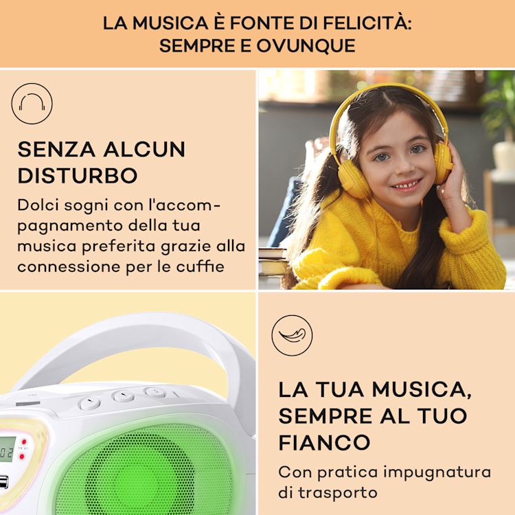 Roadie CD Boombox, radio FM, giochi di luci, lettore CD, Bluetooth 5.0 Bianco