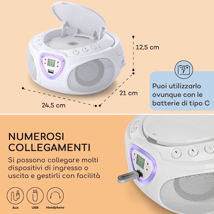 Roadie CD Boombox, radio FM, giochi di luci, lettore CD, Bluetooth 5.0 Bianco