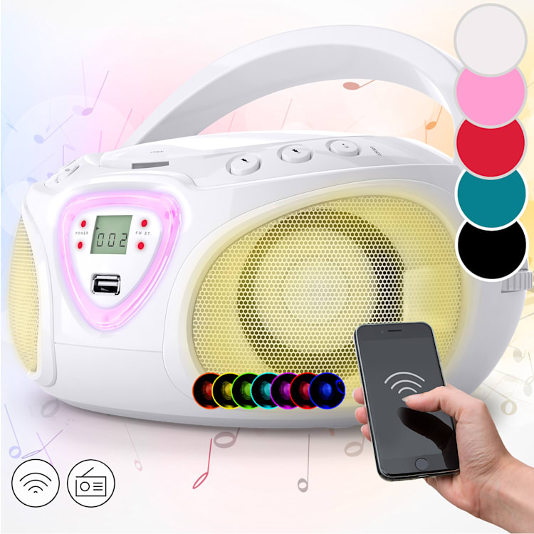 Rádio Boombox CD Roadie Rádio FM Show de luzes Leitor de CDs Bluetooth 5.0 Branco