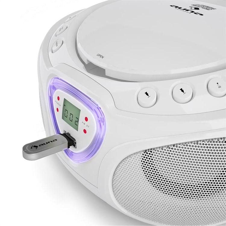 Roadie CD Boombox radio VHF espectáculo de luces reproductor de CD Bluetooth 5.0 Blanco