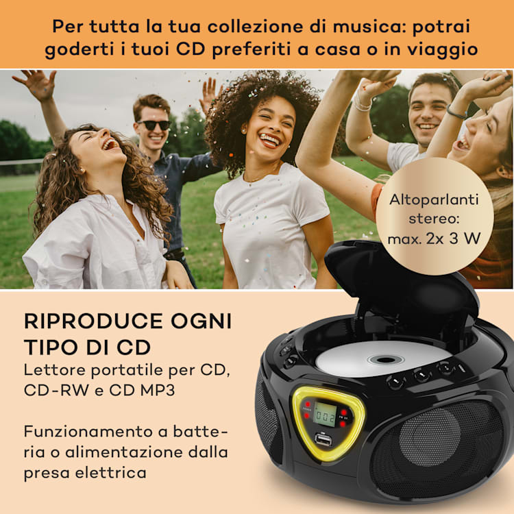 Roadie CD Boombox, radio FM, giochi di luci, lettore CD, Bluetooth 5.0 Nero