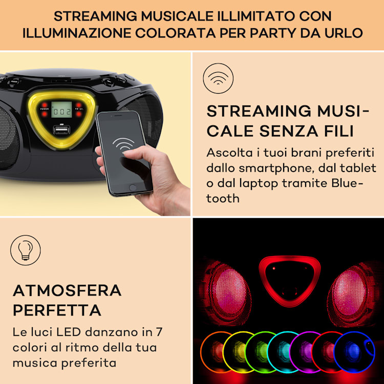 Roadie CD Boombox, radio FM, giochi di luci, lettore CD, Bluetooth 5.0 Nero