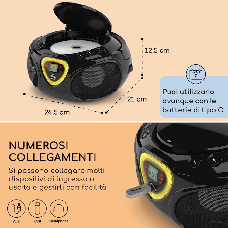 Roadie CD Boombox, radio FM, giochi di luci, lettore CD, Bluetooth 5.0 Nero