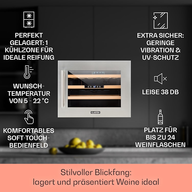 Vinsider 24 Built-In Uno Einbau-Weinkühlschrank 24 Flaschen 57 Liter 24 Flaschen | 1 Kühlzone | Edelstahl