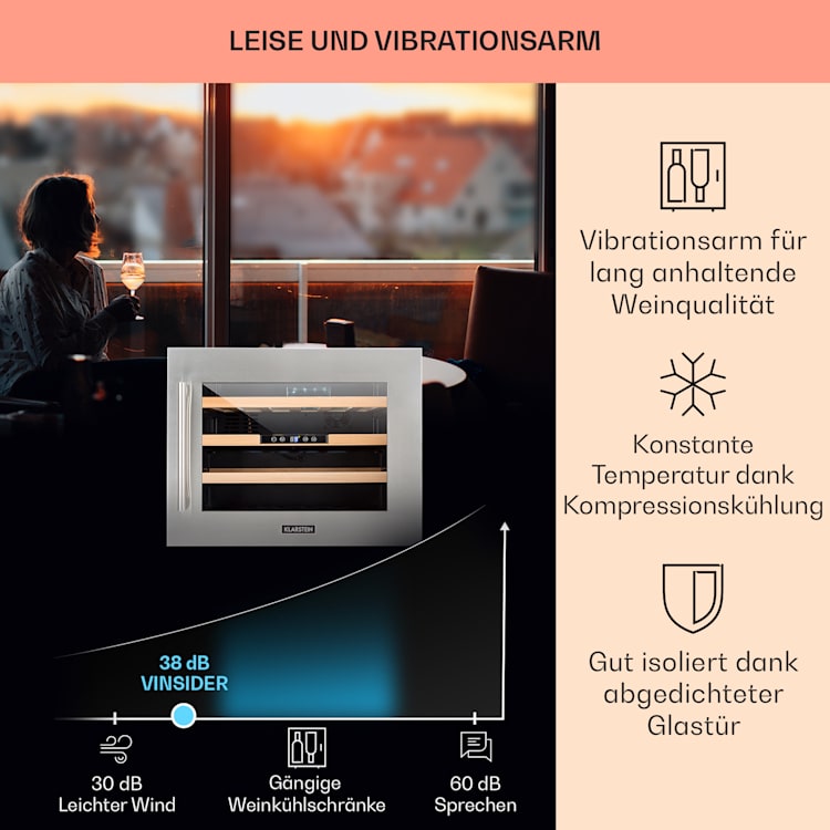 Vinsider 24 Built-In Uno Einbau-Weinkühlschrank 24 Flaschen 57 Liter 24 Flaschen | 1 Kühlzone | Edelstahl