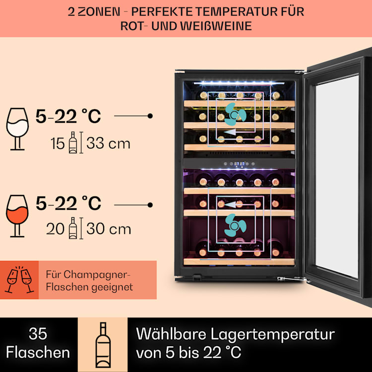 Vinsider 35D Einbau-Weinkühlschrank 35 Flaschen | 2 Kühlzonen | Edelstahl